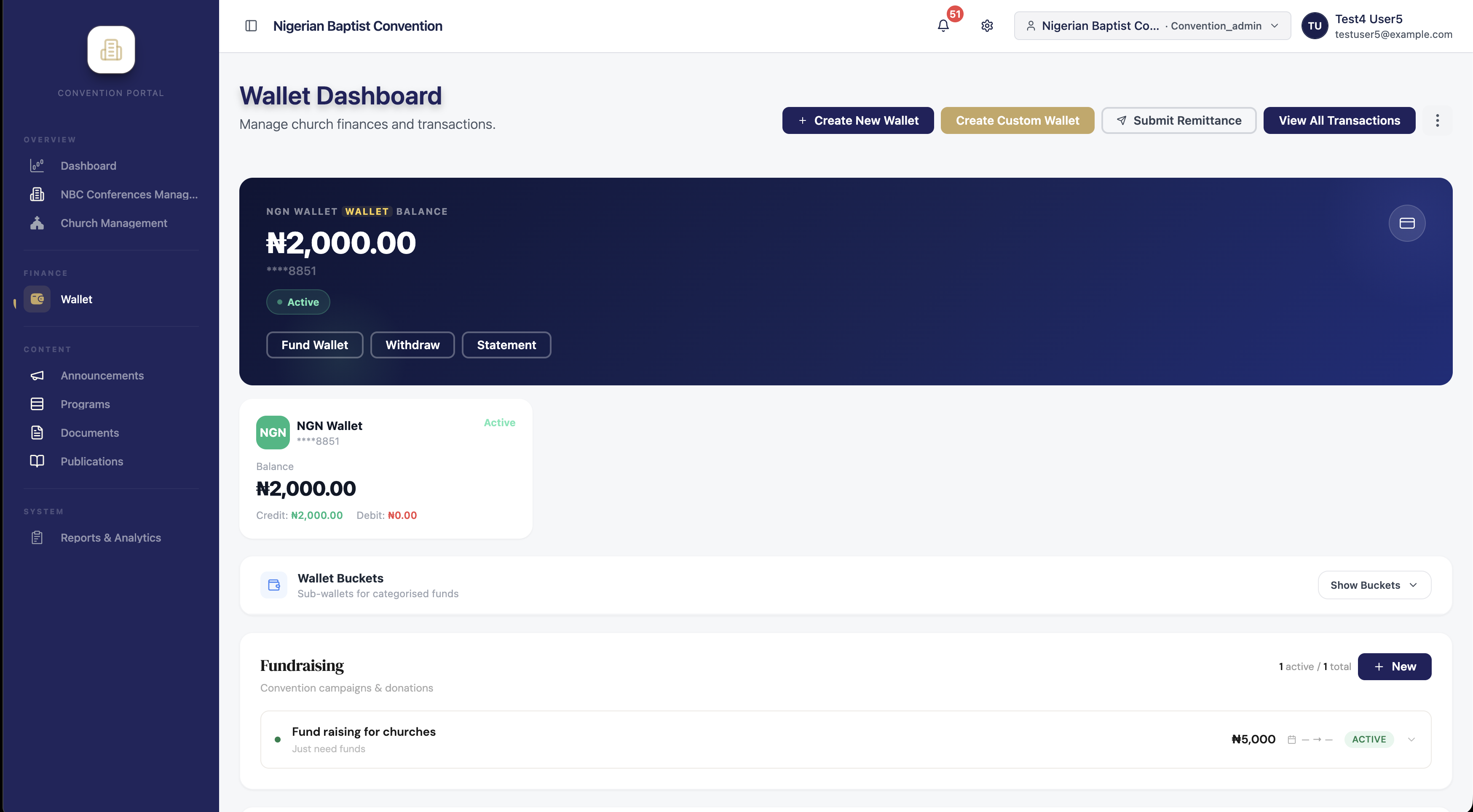 Admin wallet dashboard with multicurrency balances and fund buckets