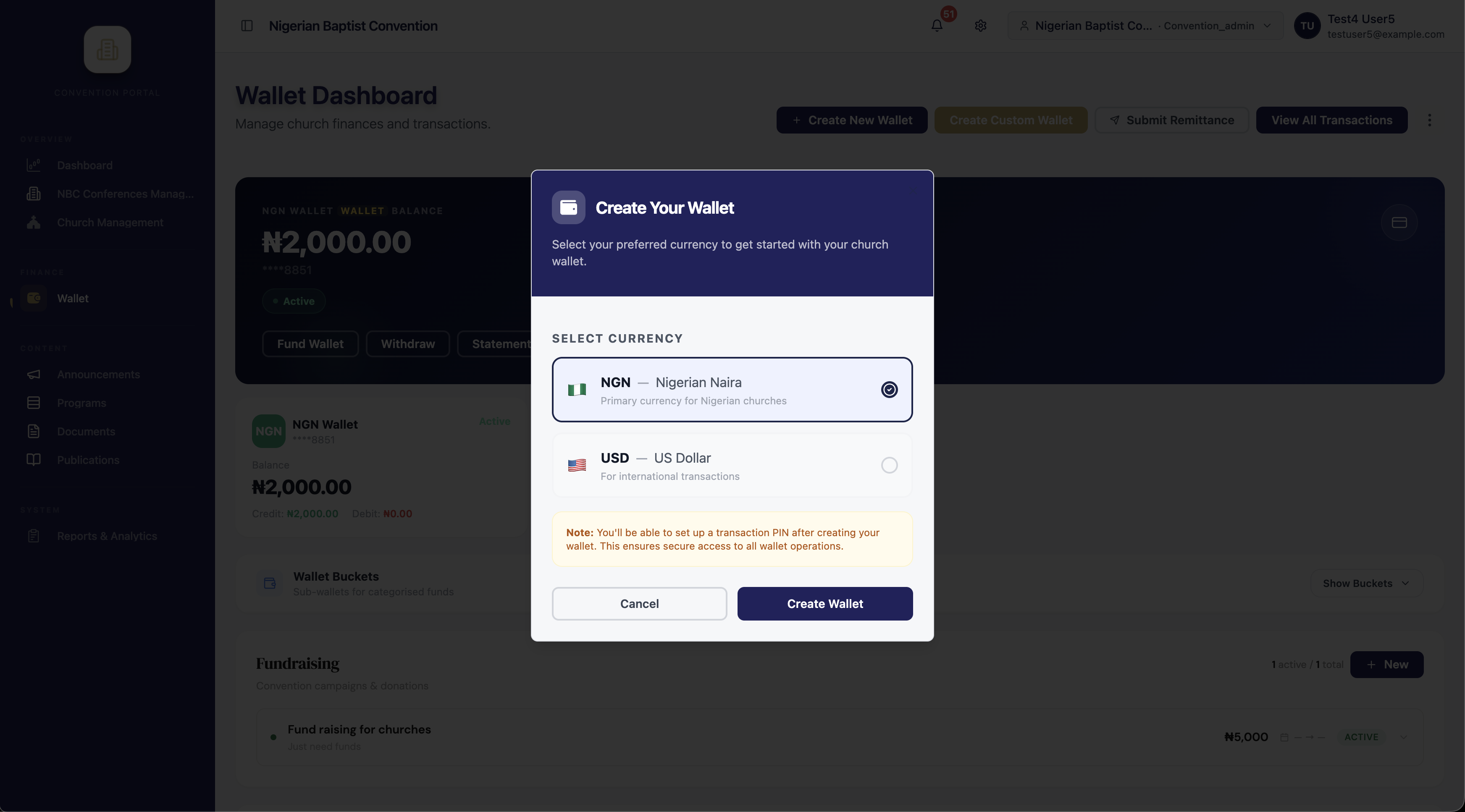Admin creating a new wallet bucket