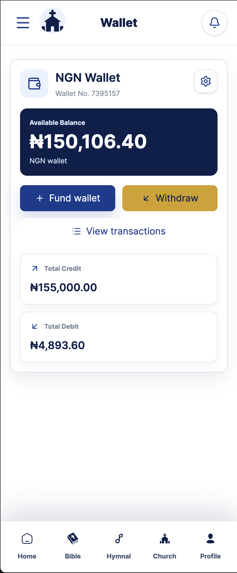 Member wallet screen with balance and fund wallet option