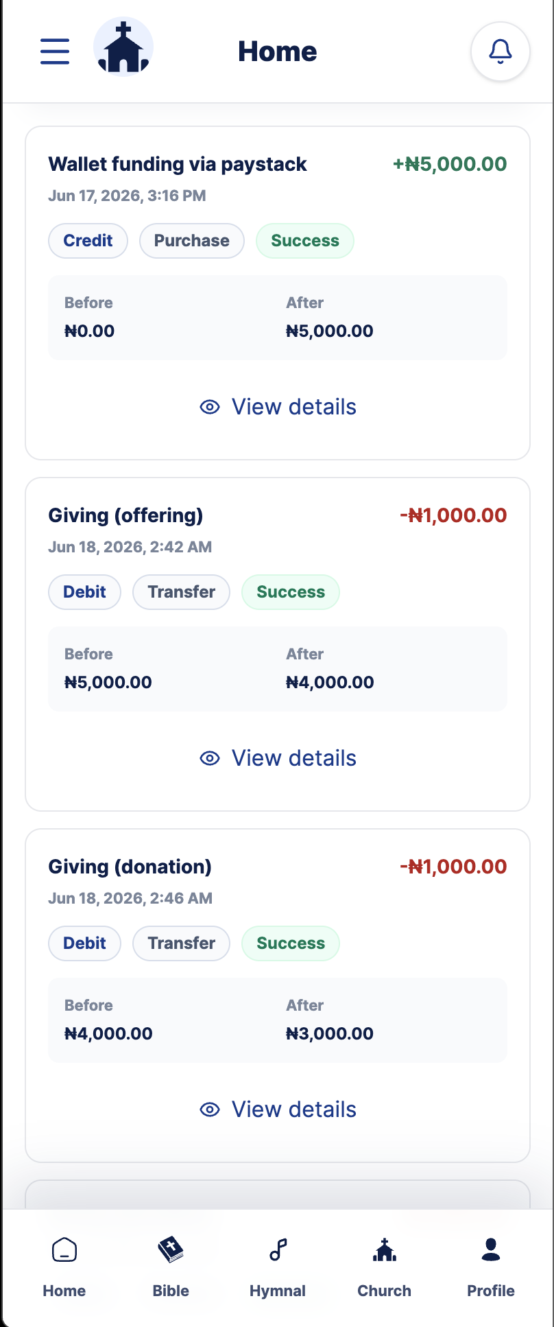 Wallet transaction history screen