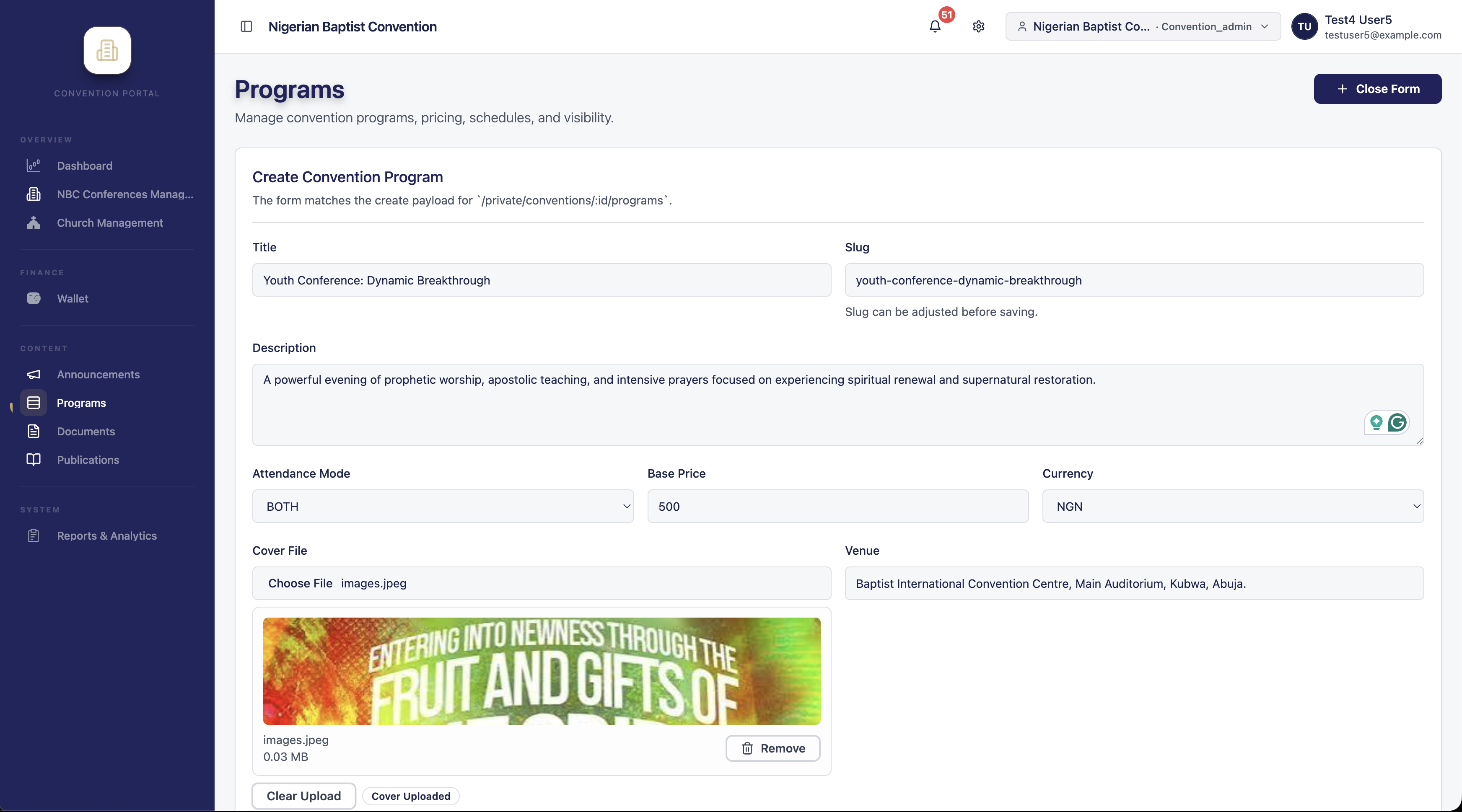 Create paid programme form