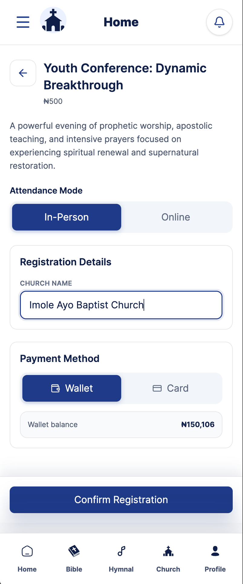 Programme detail with register and pay